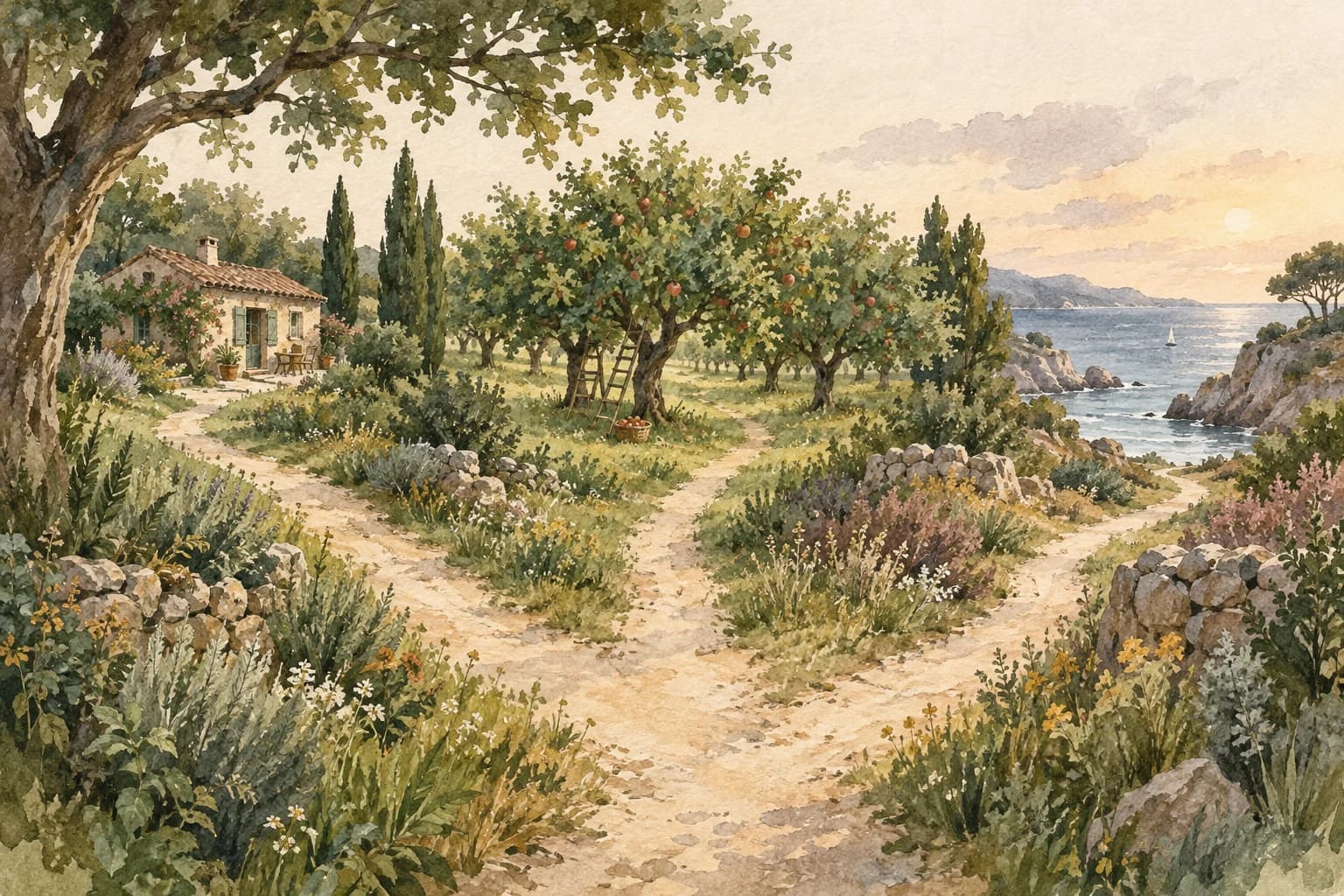 Three distinct pale footpaths through a lush quiet landscape, each leading to a different possibility: a small studio cottage, an orchard and a distant seaside opening.
