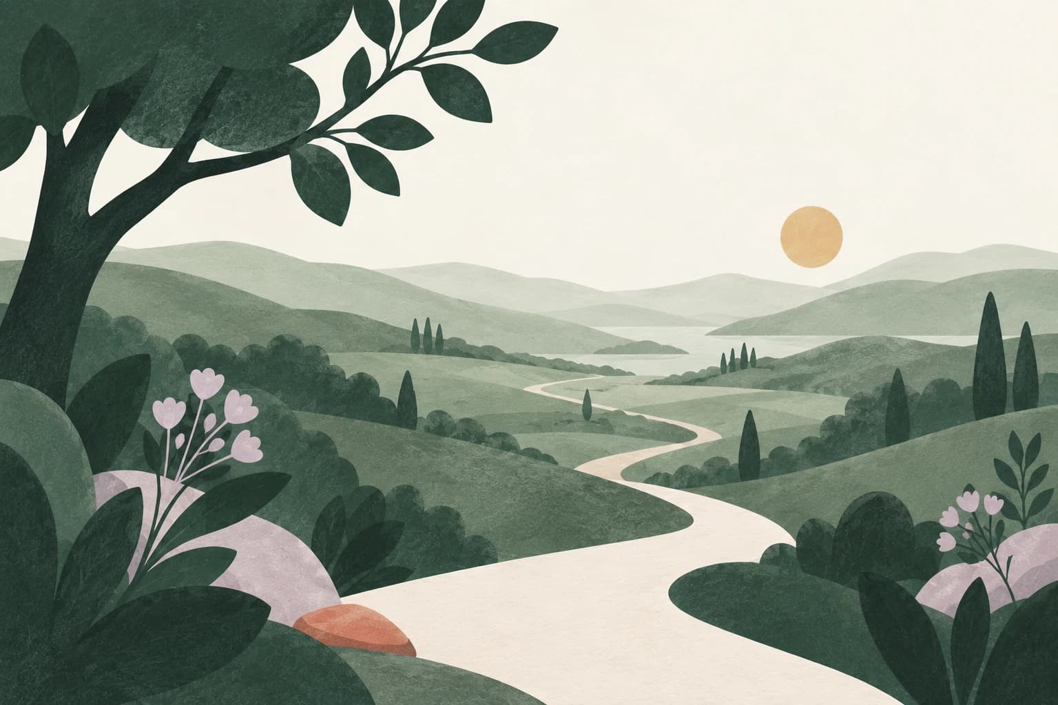 A pale path winds through layered green valleys beneath a quiet sun.