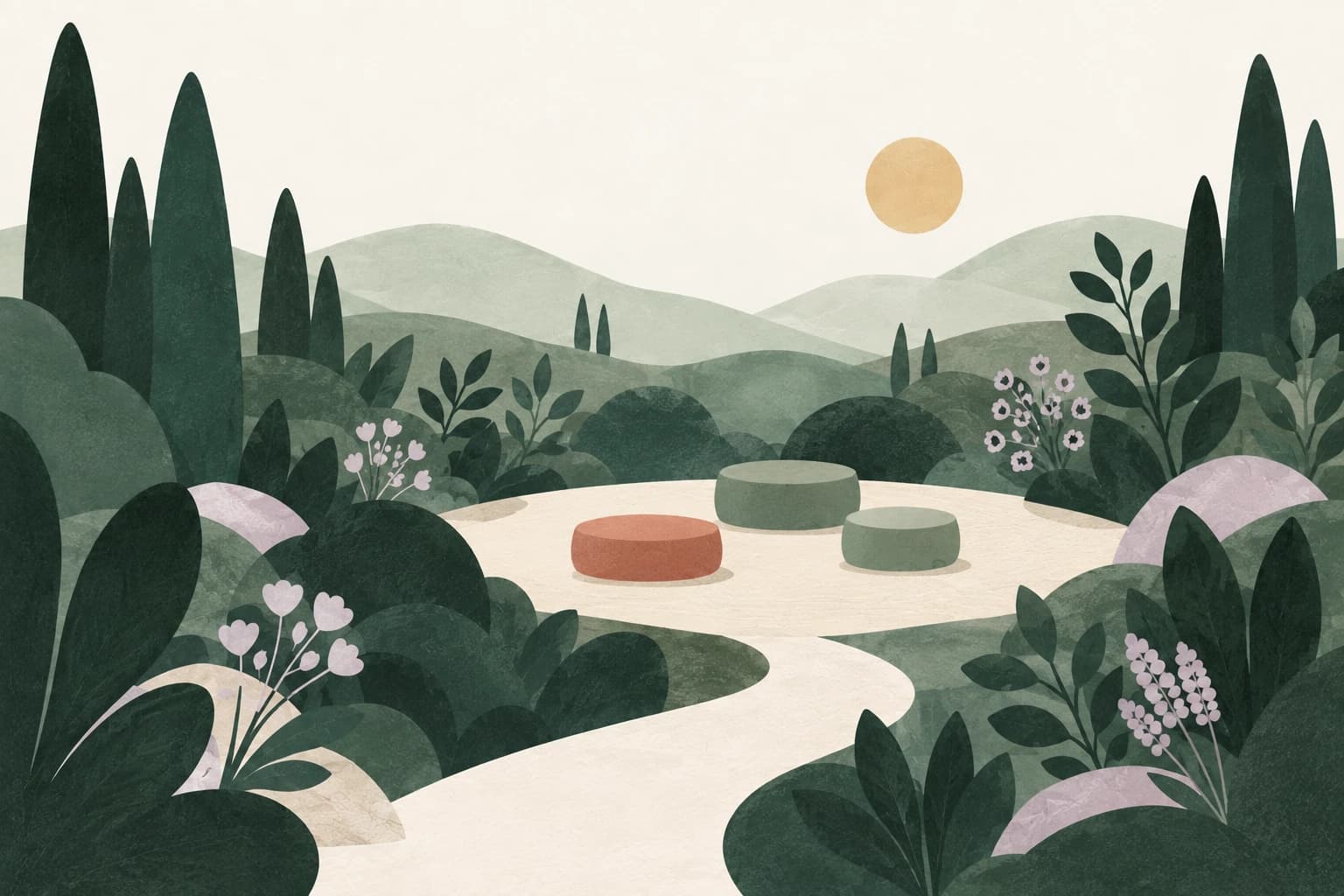 Rounded seats gather in a leafy clearing with an open path leading in.