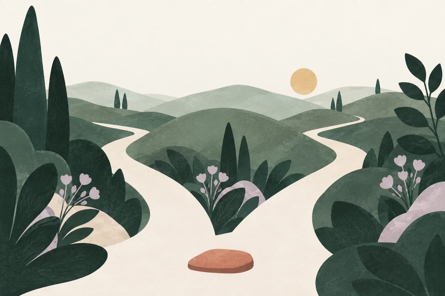 Two pale paths curve around a green hill toward the same sunlit horizon.