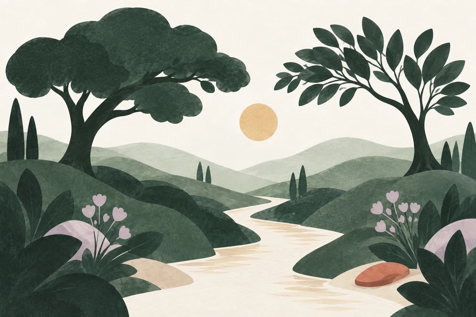 Two different trees lean toward a shared sunlit space above a quiet river.