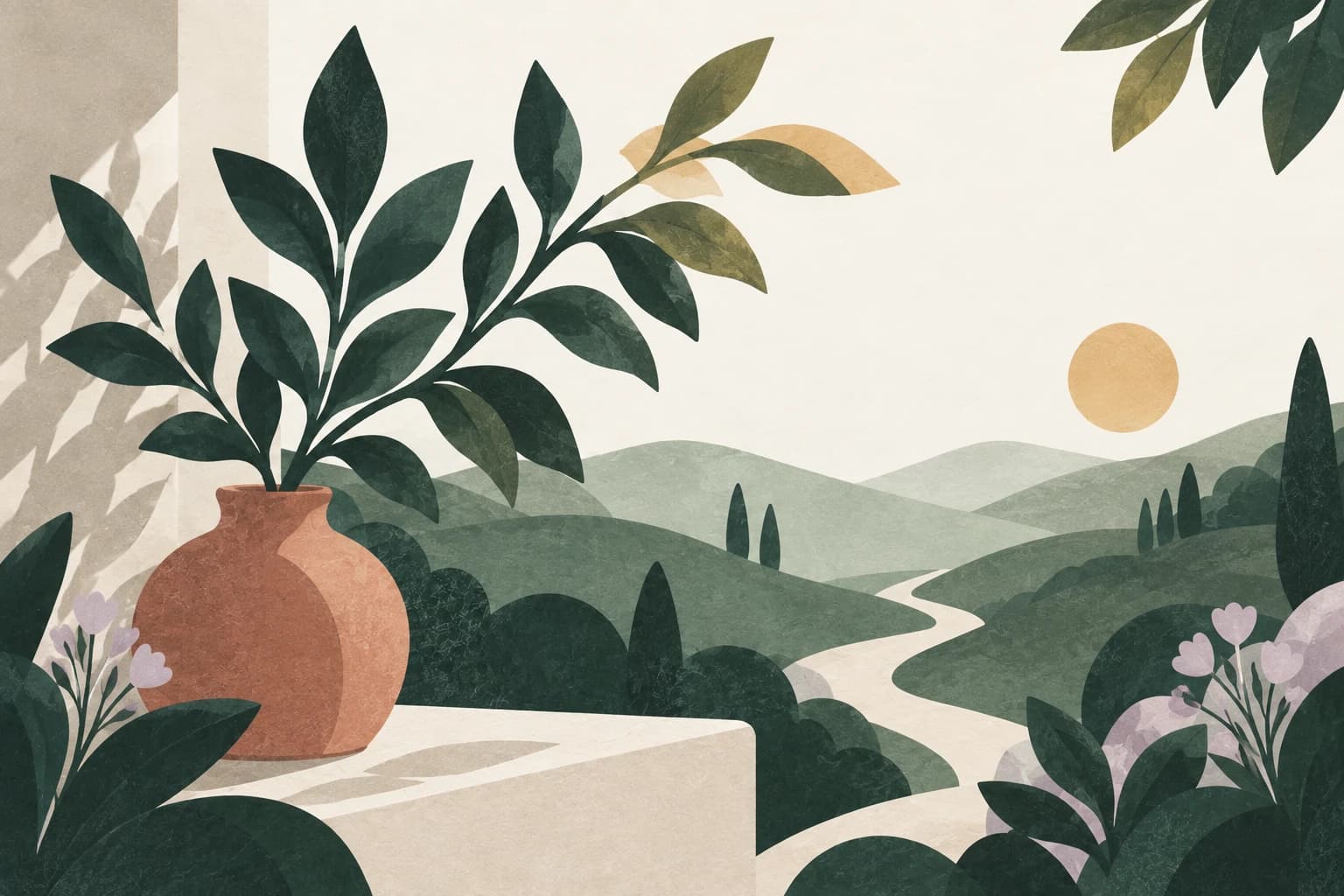 A leafy branch in a terracotta vessel reaches toward a patch of warm sunlight.