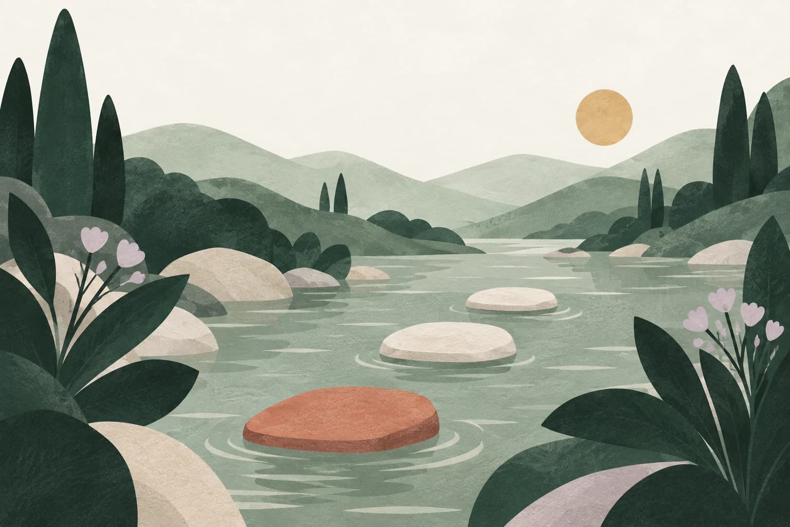 Rounded stepping stones cross a shallow green river, with one warm terracotta stone close by.