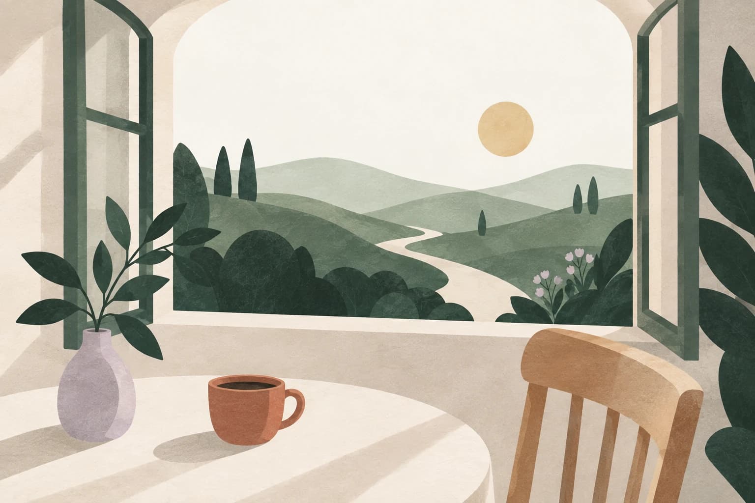 A coffee cup and leafy sprig sit by an open rounded window overlooking green hills.