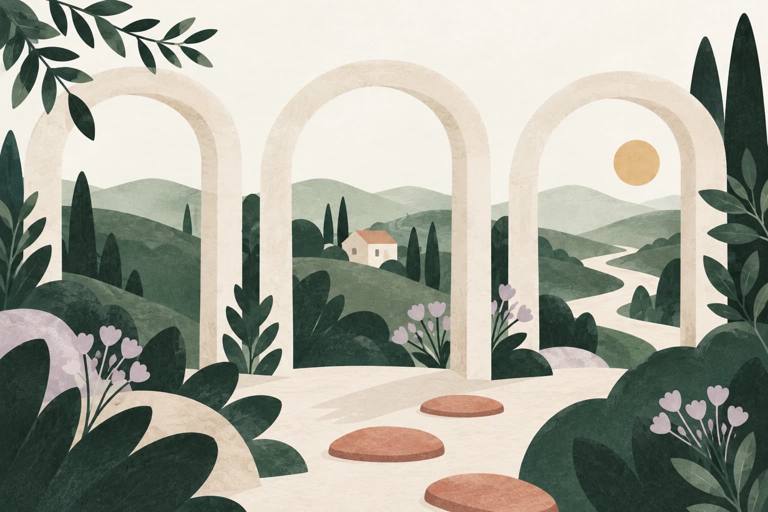 Three garden archways frame a hill, a small home, and a meandering river.