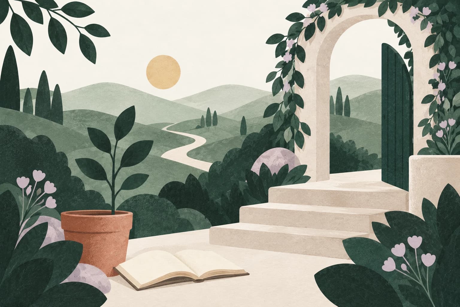 A sapling and an open book sit beside low steps leading to an arched garden gate.