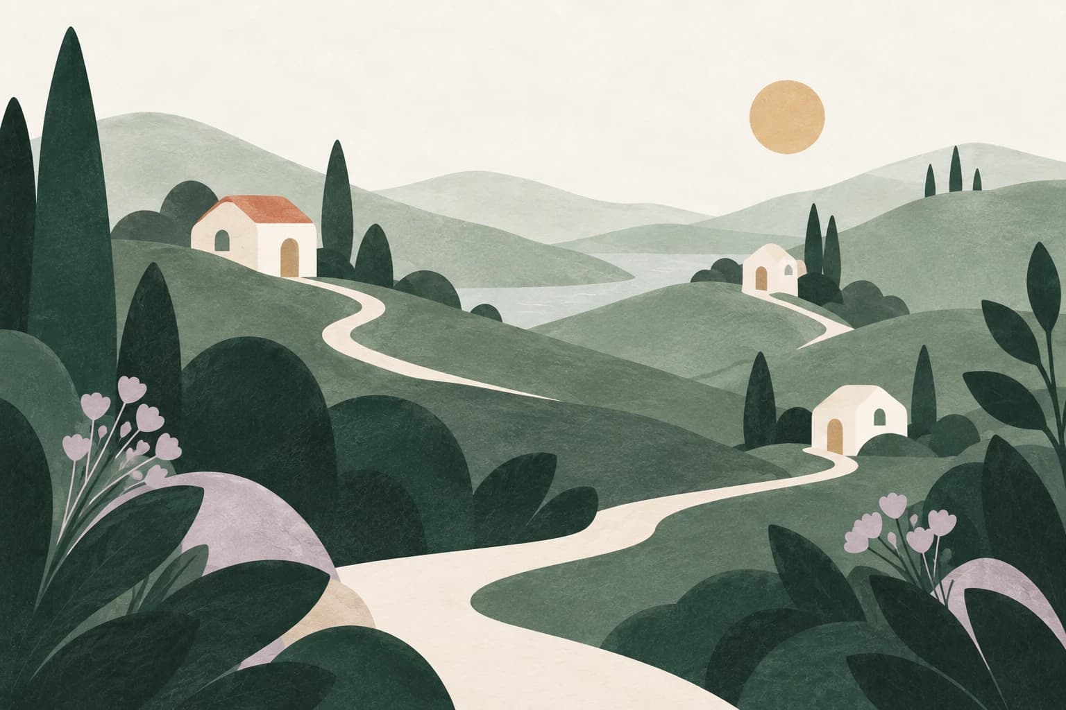 Small cream houses on green hills are linked by a winding path.