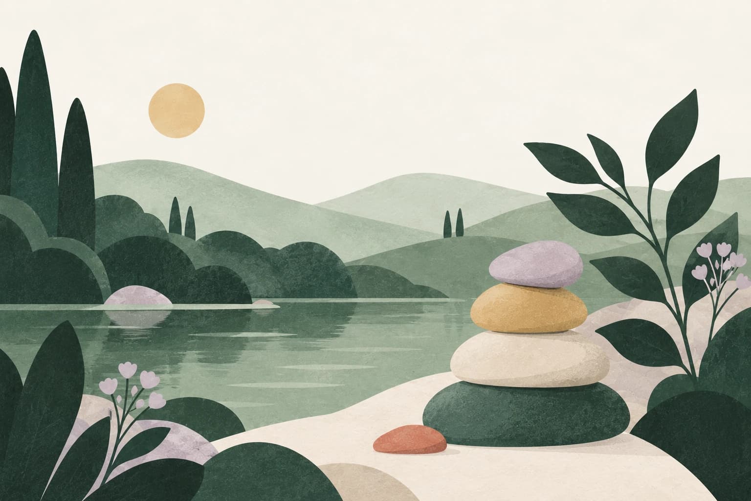 A cairn of rounded stones rests beside a calm pool and a leafy branch.