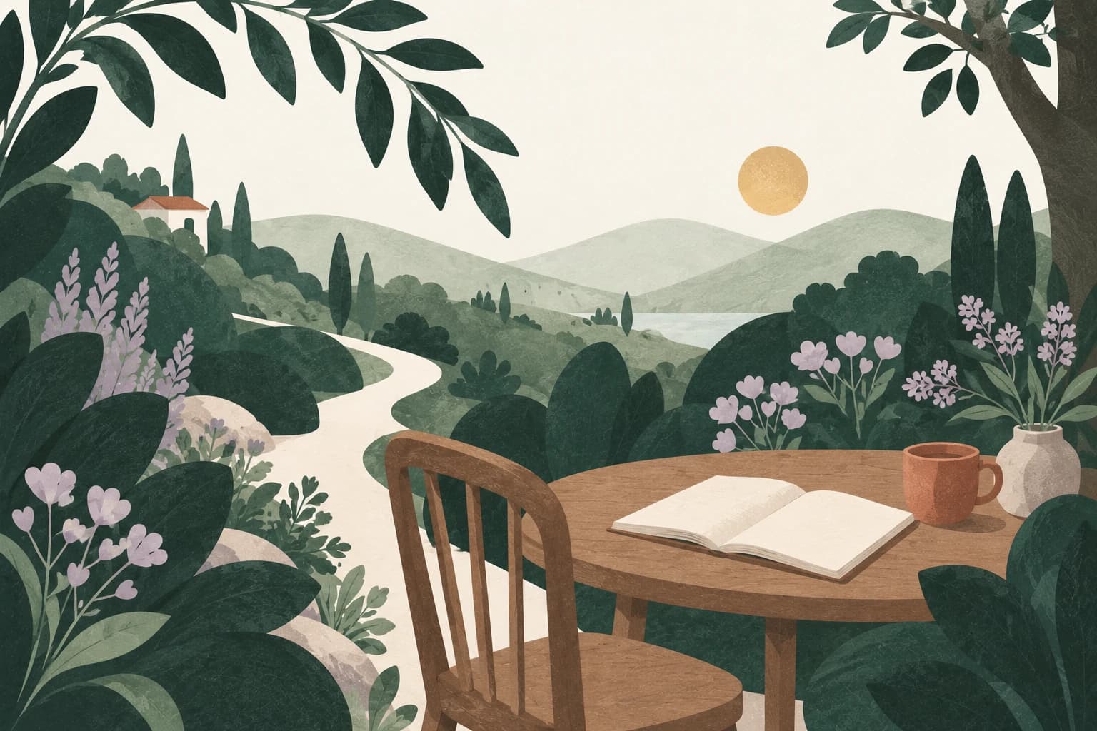 An open notebook and a mug on a wooden desk overlook a leafy path and sunlit hills.